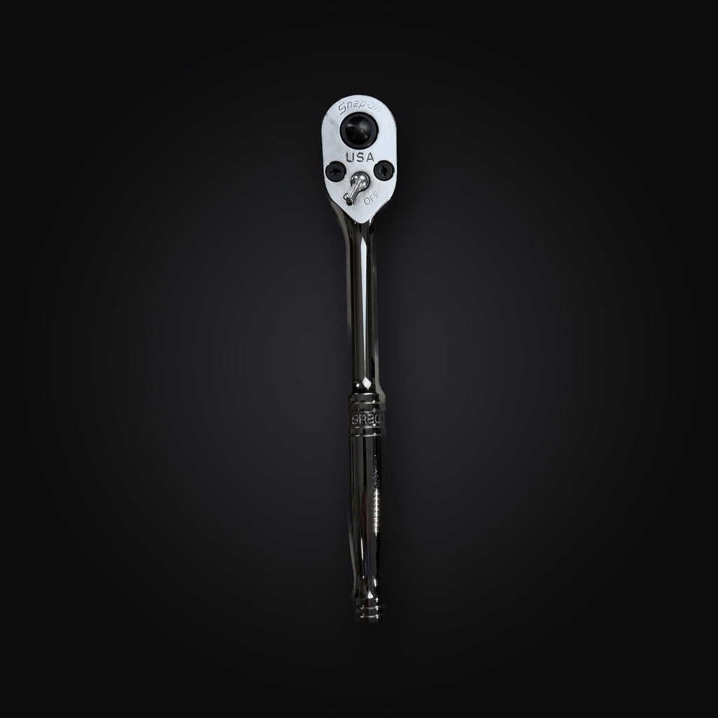 Snap-on SR80A 1/2 inch drive quick-release ratchet, full length, chrome handle, front view