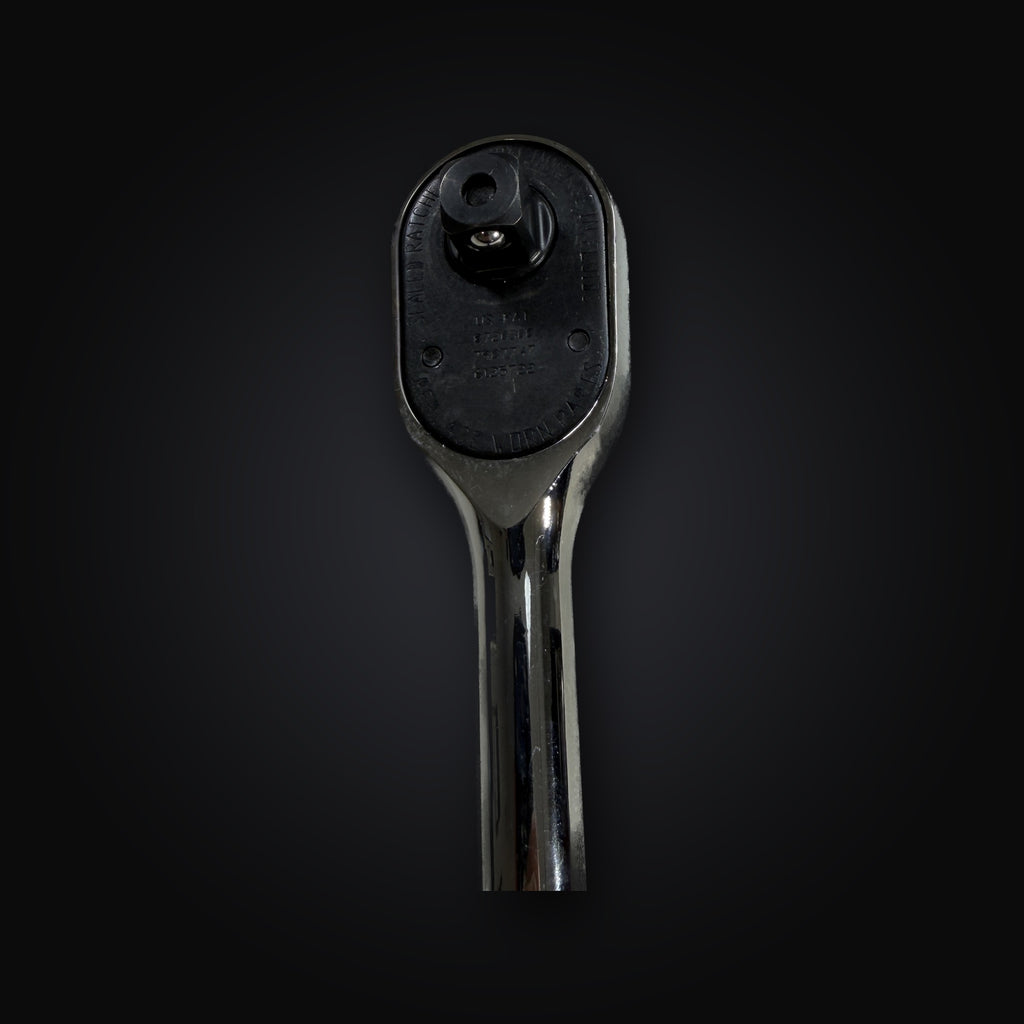 Close-up of the sealed ratchet head cover on the Snap-on SR80A with patent markings