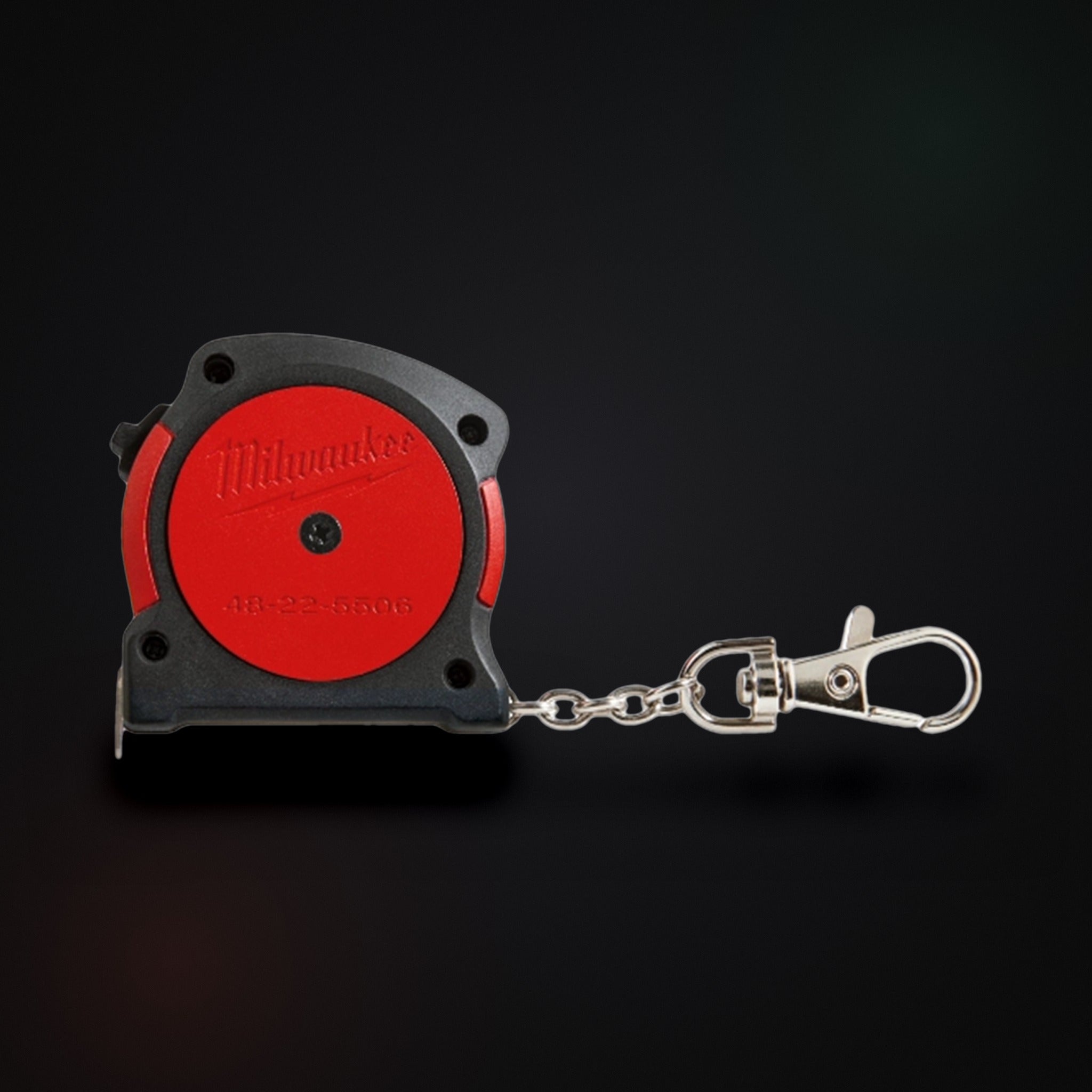 Milwaukee 48-22-5506 keychain tape measure back with keychain clip on dark FixingCanoe backdrop
