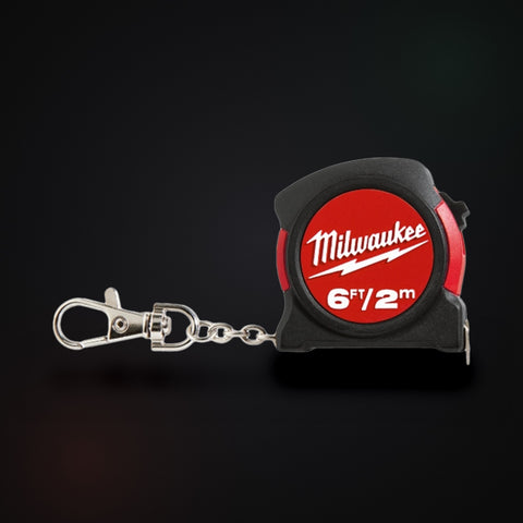 Milwaukee 48-22-5506 6ft 2m keychain tape measure front on dark FixingCanoe backdrop
